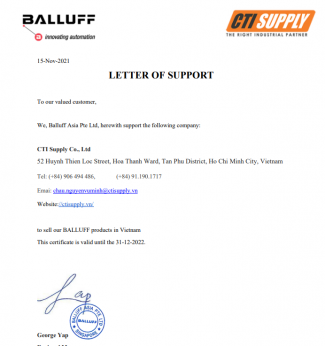 Chứng nhận Đại lý Balluff chính thức tại Việt Nam - Công ty TNHH Cti Supply