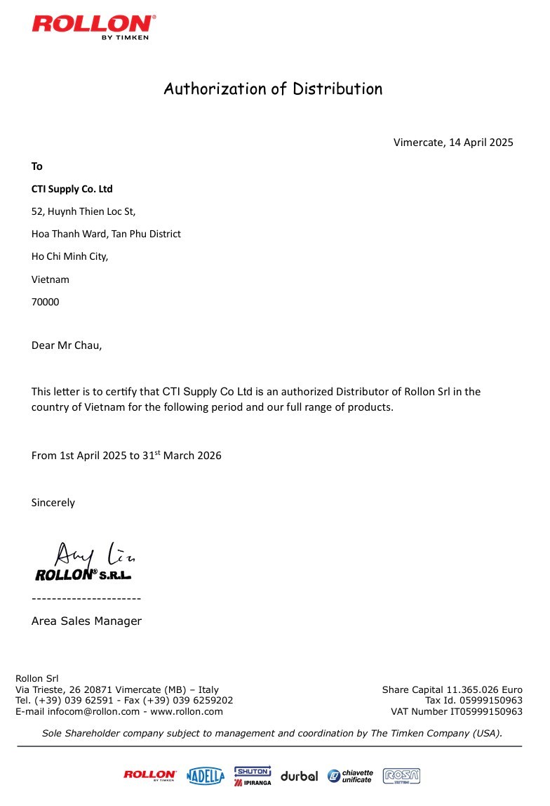 Chứng nhận đại lý Rollon