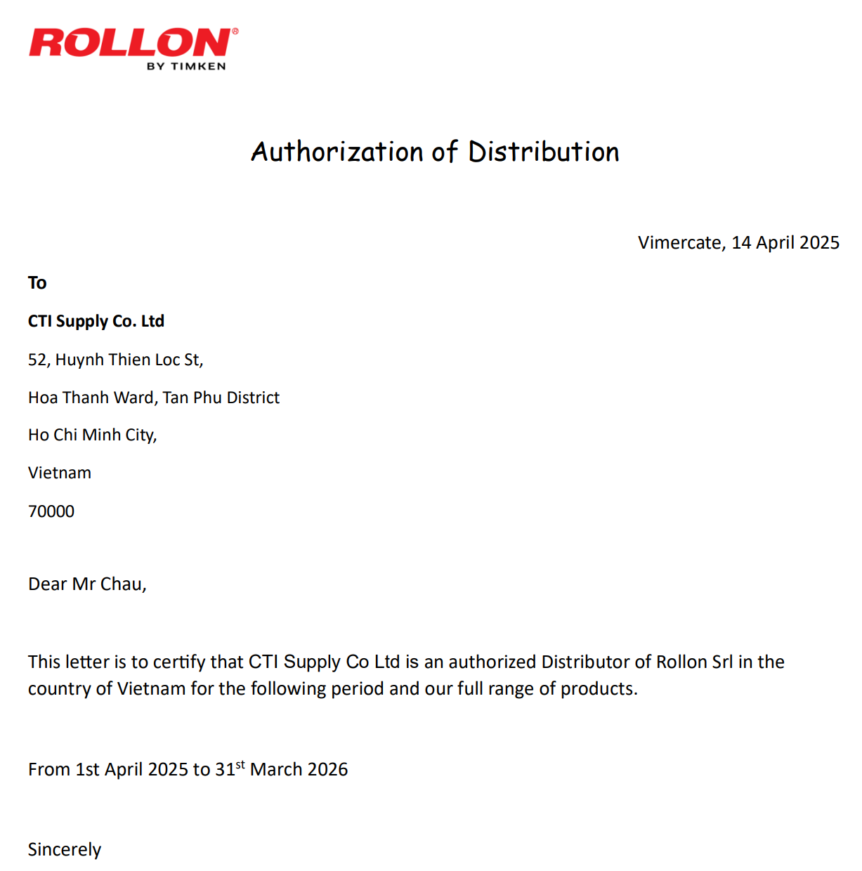 Nhà cung cấp 3 Chứng nhân đại lý Rollon Việt Nam