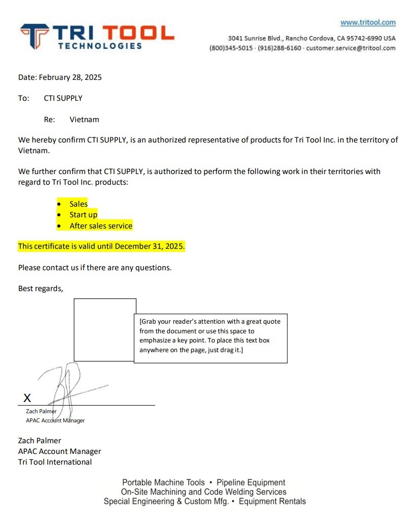 Tritool distributor certificates