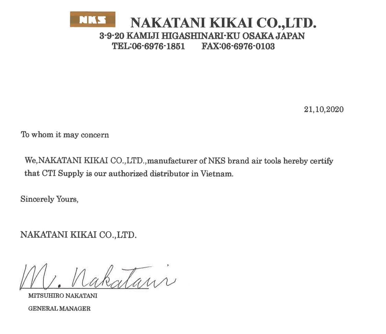 Chứng nhận đại lý chính thức NKS- Nakatani Kikai